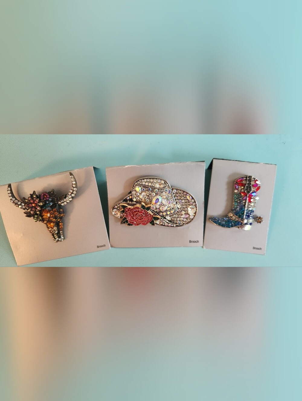 Rhinestone Cowboy Boot  Hat And Steer Head  Brooch Set - Multicolor